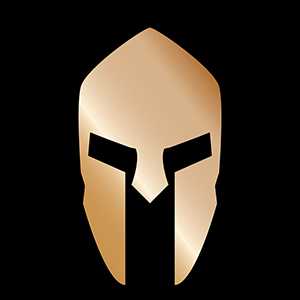 A stylized Spartan mask in gold tones on a black background.